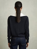 REISS NINA NAVY & WHITE TRIM COLLARED LONG SLEEVED JUMPER  SIZE L
