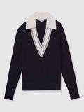 REISS NINA NAVY & WHITE TRIM COLLARED LONG SLEEVED JUMPER  SIZE L