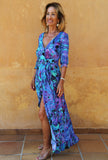 SOPHIA ALEXIS MULTI COLOURED FRILL TRIM WRAP MAXI DRESS SIZE L/XL LONG