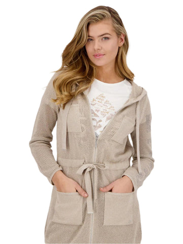 MONARI BEIGE/GOLD METALLIC HOODED ZIP UP LONG CARDIGAN SIZE 14