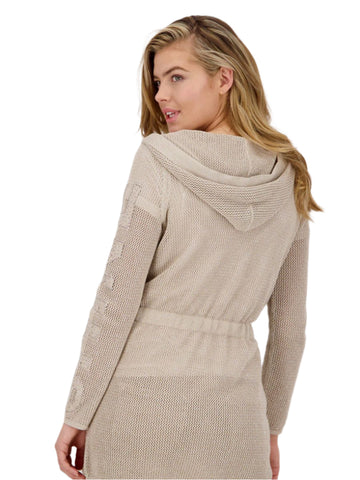 MONARI BEIGE/GOLD METALLIC HOODED ZIP UP LONG CARDIGAN SIZE 14