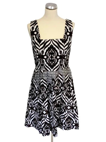 BRAND NEW EVA MENDES BROWN,BLACK & WHITE COTTON PRINT DRESS SIZE 10