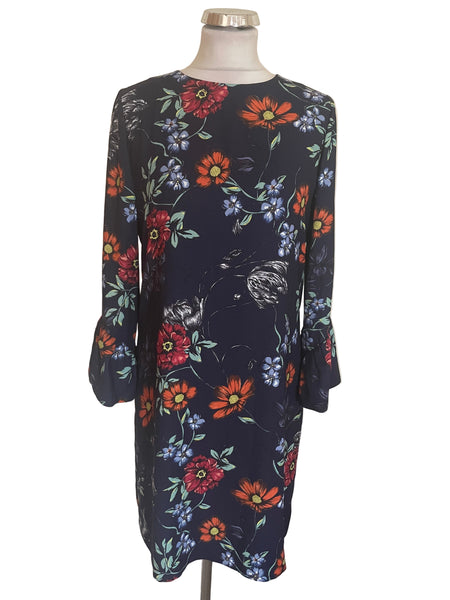BRAND NEW HOBBS NAVY & MULTI COLOURED FLORAL 3/4 SLEEVE SHIFT DRESS SIZE 10
