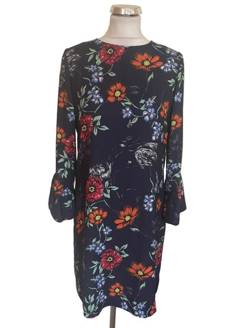 BRAND NEW HOBBS NAVY & MULTI COLOURED FLORAL 3/4 SLEEVE SHIFT DRESS SIZE 10