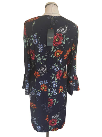 BRAND NEW HOBBS NAVY & MULTI COLOURED FLORAL 3/4 SLEEVE SHIFT DRESS SIZE 10