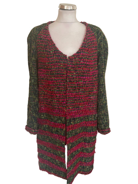 WEILL PARIS GREEN & PINK TWEED & BOUCLE KNIT SCOOP NECK LONG SLEEVE COAT SIZE 12