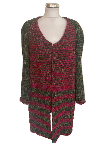 WEILL PARIS GREEN & PINK TWEED & BOUCLE KNIT SCOOP NECK LONG SLEEVE COAT SIZE 12