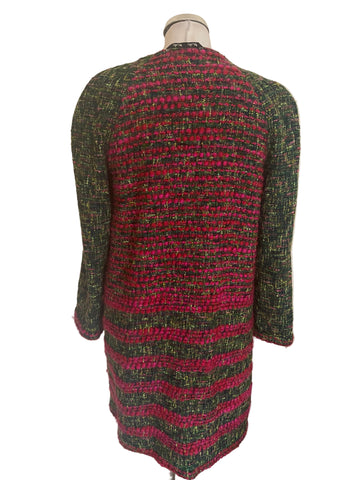 WEILL PARIS GREEN & PINK TWEED & BOUCLE KNIT SCOOP NECK LONG SLEEVE COAT SIZE 12