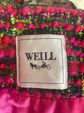WEILL PARIS GREEN & PINK TWEED & BOUCLE KNIT SCOOP NECK LONG SLEEVE COAT SIZE 12