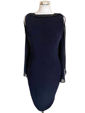 BRAND NEW WITH TAGS ADRIANNA PAPELL ECLIPSE NAVY BLUE CAPE OVERLAY TOP SPECIAL OCCASION DRESS SIZE 10