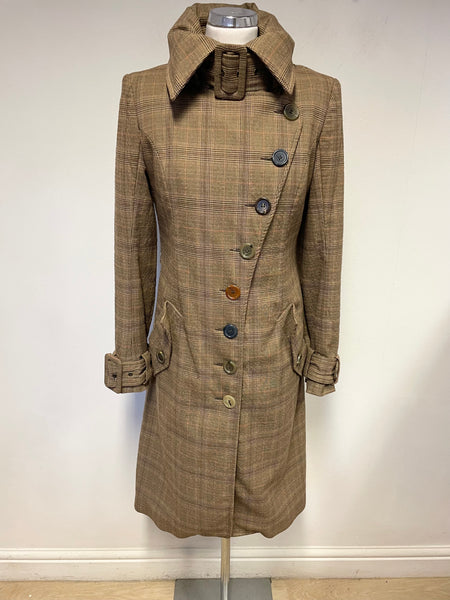 DESIGNER CASCH BY GRO ABRAHAMSSON BROWN CHECK BUTTON & BUCKLE TRIM COAT SIZE 36 UK 8/