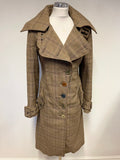 DESIGNER CASCH BY GRO ABRAHAMSSON BROWN CHECK BUTTON & BUCKLE TRIM COAT SIZE 36 UK 8/