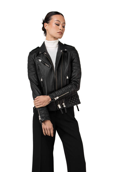 BODA SKINS DESIGNED BY N.S ALEXANDER BLACK LEATHER BIKER JACKET SIZE 10