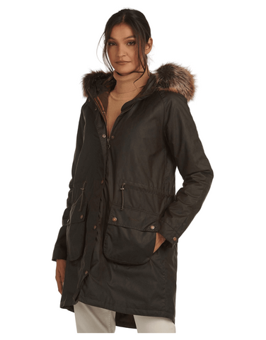 BARBOUR MULL OLIVE GREEN WAX COATED HOODED FUR TRIM COAT SIZE 14
