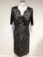ALEXON BLACK LACE OVER CREAM V NECK SHORT SLEEVED SHIFT DRESS SIZE 12