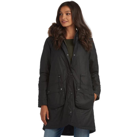 BARBOUR MULL OLIVE GREEN WAX COATED HOODED FUR TRIM COAT SIZE 14