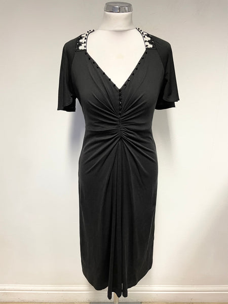GHOST BLACK SILK WITH BEAD TRIMMED NECKLINE SHORT SLEEVED DRESS SIZE 10