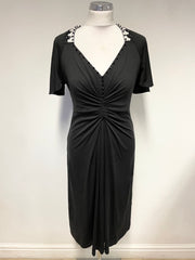 GHOST BLACK SILK WITH BEAD TRIMMED NECKLINE SHORT SLEEVED DRESS SIZE 10