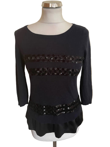 MARELLA NAVY & BLACK SEQUIN & SATIN TRIMMED 3/4 SLEEVE JUMPER SIZE S