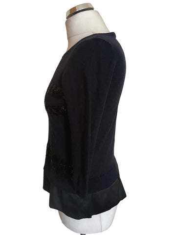 MARELLA NAVY & BLACK SEQUIN & SATIN TRIMMED 3/4 SLEEVE JUMPER SIZE S