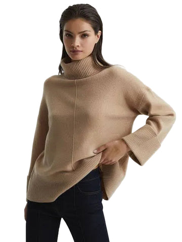 REISS SARAH CAMEL WOOL & CASHMERE POLO NECK OVERSIZE JUMPER  SIZE XS