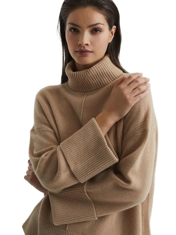 REISS SARAH CAMEL WOOL & CASHMERE POLO NECK OVERSIZE JUMPER  SIZE XS