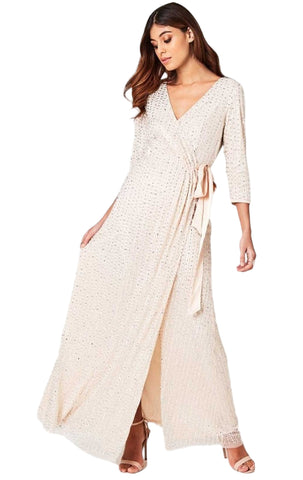 BRAND NEW LITTLE MISTRESS NUDE SEQUINNED WRAP MAXI DRESS SIZE 12
