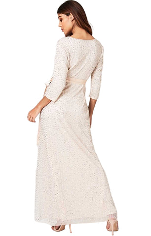 BRAND NEW LITTLE MISTRESS NUDE SEQUINNED WRAP MAXI DRESS SIZE 12