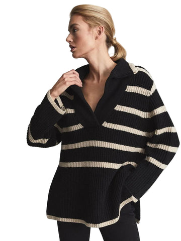 REISS HARPER BLACK & BEIGE STRIPED CHUNKY KNIT RELAXED FIT JUMPER SIZE XS