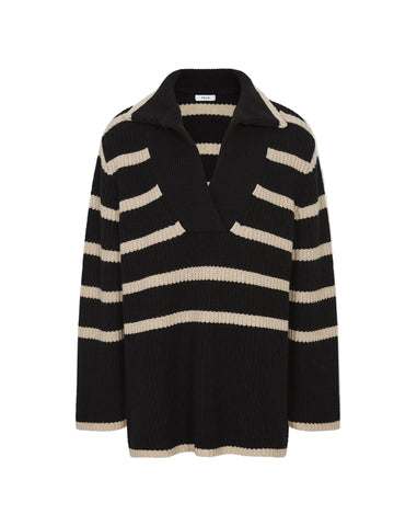 REISS HARPER BLACK & BEIGE STRIPED CHUNKY KNIT RELAXED FIT JUMPER SIZE XS