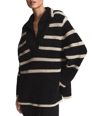 REISS HARPER BLACK & BEIGE STRIPED CHUNKY KNIT RELAXED FIT JUMPER SIZE XS