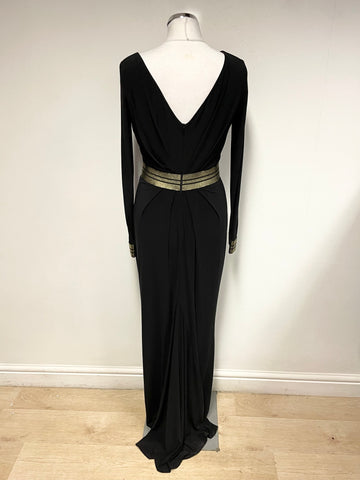 PHASE EIGHT BLACK WITH GOLD BRAID TRIM LONG SLEEVE EVENING DRESS SIZE 12