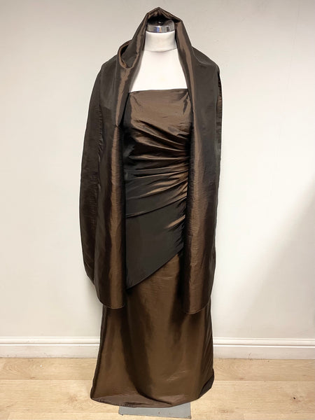 HILARY MORGAN BROWN TAFFETA STRAPLESS EVENING DRESS & MATCHING WRAP SIZE 10