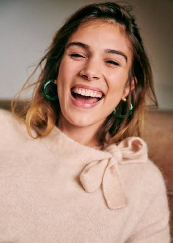 LA MAILLE SEZANE ZITA ROSY BEIGE SUPERKID MOHAIR TIE NECK JUMPER SIZE S