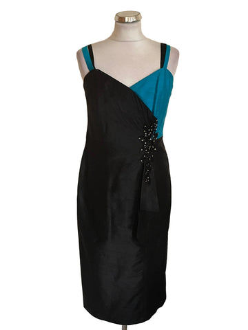 BRAND NEW CONDICI 100% RAW SILK BLACK & TURQUOISE SPECIAL OCCASION DRESS & JACKET SIZE 10