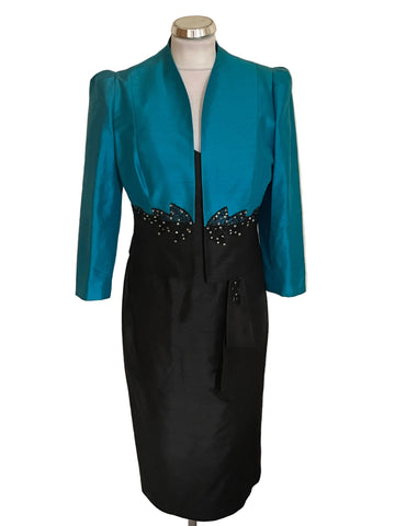 BRAND NEW CONDICI 100% RAW SILK BLACK & TURQUOISE SPECIAL OCCASION DRESS & JACKET SIZE 10