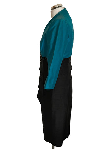 BRAND NEW CONDICI 100% RAW SILK BLACK & TURQUOISE SPECIAL OCCASION DRESS & JACKET SIZE 10