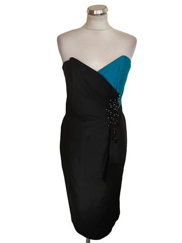 BRAND NEW CONDICI 100% RAW SILK BLACK & TURQUOISE SPECIAL OCCASION DRESS & JACKET SIZE 10