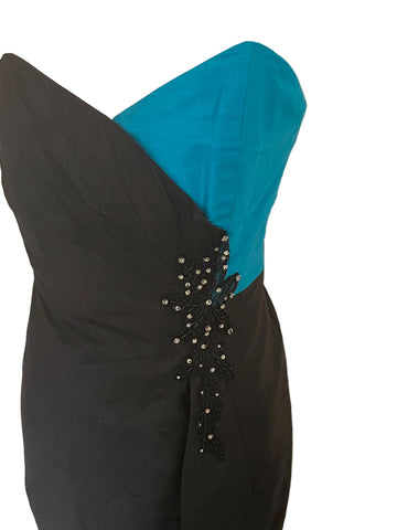 BRAND NEW CONDICI 100% RAW SILK BLACK & TURQUOISE SPECIAL OCCASION DRESS & JACKET SIZE 10