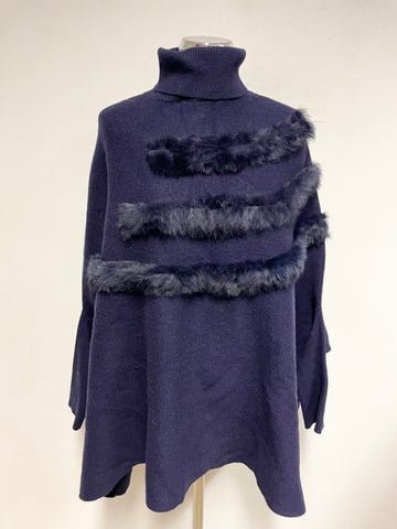 BRAND NEW MORGHY NAVY BLUE ANGORA FUR TRIMMED POLO NECK SLEEVED PONCHO JUMPER SIZE S/M