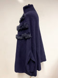 BRAND NEW MORGHY NAVY BLUE ANGORA FUR TRIMMED POLO NECK SLEEVED PONCHO JUMPER SIZE S/M