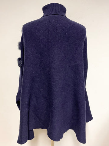 BRAND NEW MORGHY NAVY BLUE ANGORA FUR TRIMMED POLO NECK SLEEVED PONCHO JUMPER SIZE S/M