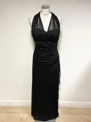 BLONDIE NITES BLACK RHINESTONE TRIM HALTER NECK LONG EVENING DRESS SIZE UK 10