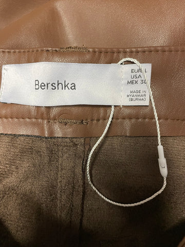 BRAND NEW BERSHKA BROWN FAUX LEATHER TROUSERS SIZE L APPROX UK 14