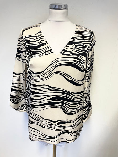 JAEGER CREAM & BLACK PRINT V NECK 3/4 SLEEVED TOP SIZE 6