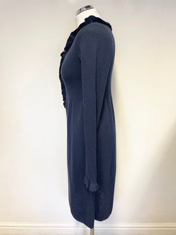 JIGSAW BLUE FRILL TRIM WOOL BLEND LONG SLEEVED KNIT DRESS SIZE M