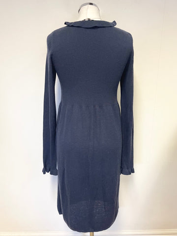 JIGSAW BLUE FRILL TRIM WOOL BLEND LONG SLEEVED KNIT DRESS SIZE M