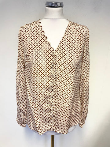JIGSAW 100% SILK PEACH & BROWN FLORAL DITSY PRINT LONG SLEEVED BLOUSE SIZE 8