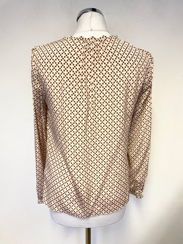 JIGSAW 100% SILK PEACH & BROWN FLORAL DITSY PRINT LONG SLEEVED BLOUSE SIZE 8
