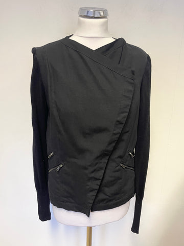 MINT VELVET BLACK ZIP FRONT LONG SLEEVED PART KNIT CARDIGAN/JACKET SIZE 10